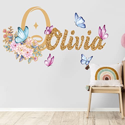 Pegatinas Pared Decorativas Flores y Mariposas Nombre Personalizado - Vinilos de Pared Decorativos Infantiles con Nombre - Vinilo Adhesivo Pared Personalizado para Habitacion - Pegatinas Infantiles