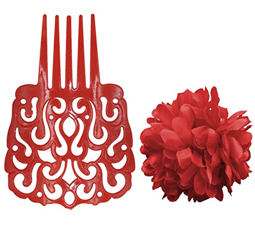 Peineta Flamenca Grande 18 * 13CM y Clips de Pelo de Flor para Fiestas Sevillana, Pack 2PCS (Rojo Liso)