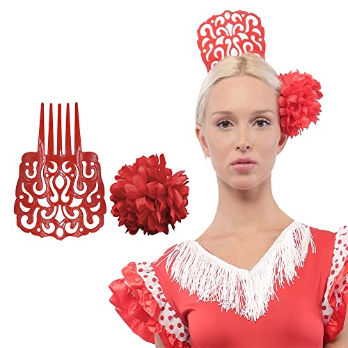 Peineta Flamenca Grande 18 * 13CM y Clips de Pelo de Flor para Fiestas Sevillana, Pack 2PCS (Rojo Liso)