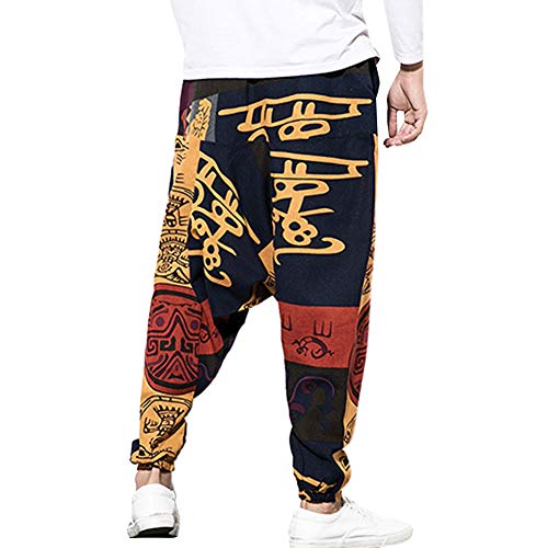 Pejihota Mens Loose Hip-Hop Harem Pantalones Lino Bohemio Aladdin Yoga Pantalones Bloomers Drop Entrepierna Pantalones Estampado Retro con Bolsillos (as4, Waist, x_l, Regular, Regular, Rojo, XL)