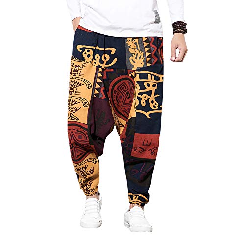 Pejihota Mens Loose Hip-Hop Harem Pantalones Lino Bohemio Aladdin Yoga Pantalones Bloomers Drop Entrepierna Pantalones Estampado Retro con Bolsillos (as4, Waist, x_l, Regular, Regular, Rojo, XL)