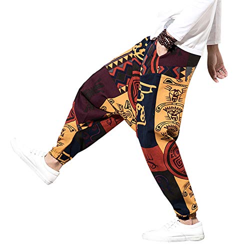 Pejihota Mens Loose Hip-Hop Harem Pantalones Lino Bohemio Aladdin Yoga Pantalones Bloomers Drop Entrepierna Pantalones Estampado Retro con Bolsillos (as4, Waist, m, Regular, Regular, Rojo, M)