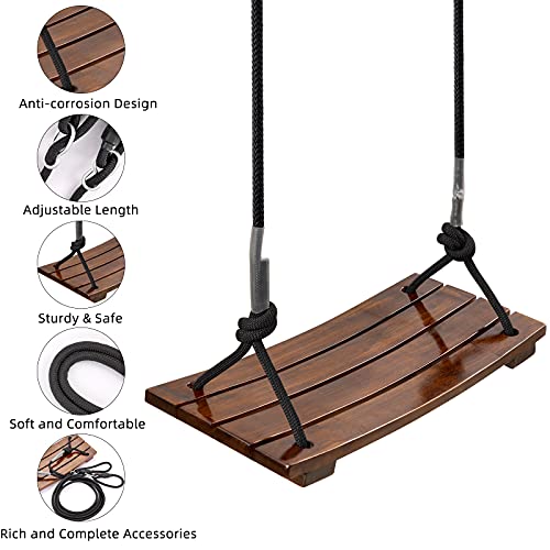 PELLOR Columpios Infantiles, Columpio de Madera Columpio de Jardín al Aire Libre con Cuerda Ajustable Asiento de Columpio para Niños y Adultos Carga Máxima 200 kg