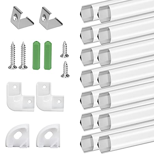 Perfil de Aluminio, 14 PCS x 1m Perfil Aluminio LED Forma de V, Canal de Aluminio para Tira de LED con Cubierta Blanca Lechosa, Conector de esquina, Los Casquillos de Extremo, los Clips