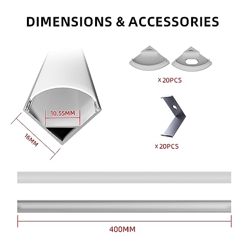 Perfil LED, 10 x 40 cm, forma de V, perfil de aluminio LED con cubierta de PC lechosa, tapas finales y pinza de montaje para tiras LED (10 paquetes)