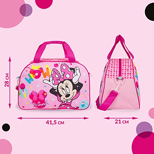 PERLETTI Bolsa Deporte Disney Minnie Mouse Niña con Correa - Mochila Gimnasio Piscina Viaje Impermeable Rosa para Niñas - Bolso Bandolera Fucsia Ligero Adjustable y Práctico - 28x41x21 cm