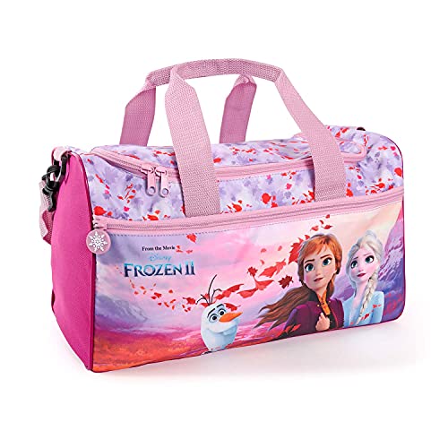 PERLETTI Bolsa Deporte Infantil Disney Frozen 2 con Bandolera - Bolso Deportivo con Princesas Elsa y Ana - Mochila Gimnasio para Niña Rosa Lila Violeta - 35x22.5x15