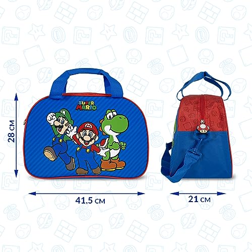 PERLETTI Bolsa Deporte Super Mario para Niño Azul y Rojo - Bolsa de Viaje para Niños Mario Luigi Yoshi con Correa Ajustable - Mochila Gimnasio Infantil Deportiva Piscina Tiempo Libre - 28x41,5x21cm