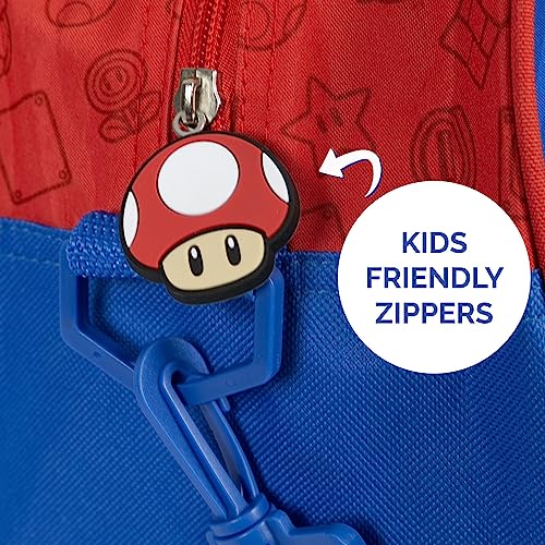 PERLETTI Bolsa Deporte Super Mario para Niño Azul y Rojo - Bolsa de Viaje para Niños Mario Luigi Yoshi con Correa Ajustable - Mochila Gimnasio Infantil Deportiva Piscina Tiempo Libre - 28x41,5x21cm