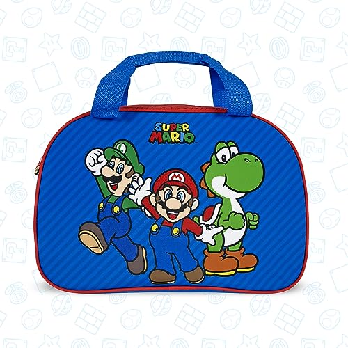 PERLETTI Bolsa Deporte Super Mario para Niño Azul y Rojo - Bolsa de Viaje para Niños Mario Luigi Yoshi con Correa Ajustable - Mochila Gimnasio Infantil Deportiva Piscina Tiempo Libre - 28x41,5x21cm