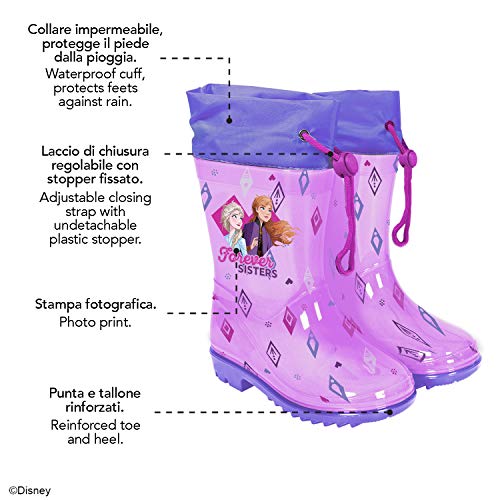 PERLETTI Botas de Aguas Niñas Frozen 2 Princesas Elsa y Anna - Calzado de Lluvia Reino del Hielo Violeta con Suela Antideslizante - Botas Impermeables Niña Cierre con Cordón Disney (Morado, 28)