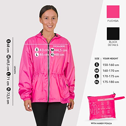 PERLETTI Chubasquero Mujer Cortaviento Ligero con Cremallera - Impermeable Mujer con Capucha Detalles Reflectantes - Chaqueta Trench Deporte Transpirable Waterproof Reutilizable Mujeres (XL, Fucsia)