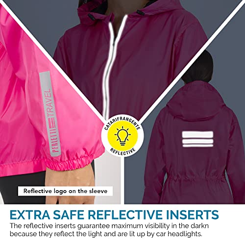 PERLETTI Chubasquero Mujer Cortaviento Ligero con Cremallera - Impermeable Mujer con Capucha Detalles Reflectantes - Chaqueta Trench Deporte Transpirable Waterproof Reutilizable Mujeres (XL, Fucsia)