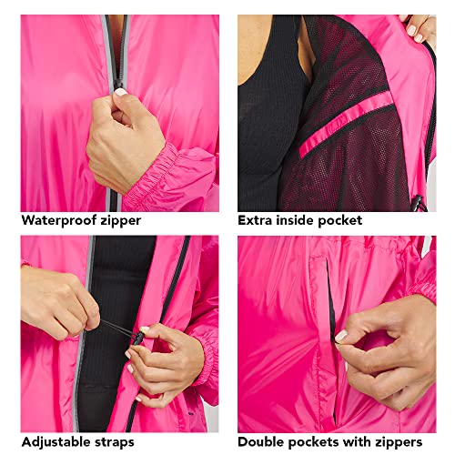 PERLETTI Chubasquero Mujer Cortaviento Ligero con Cremallera - Impermeable Mujer con Capucha Detalles Reflectantes - Chaqueta Trench Deporte Transpirable Waterproof Reutilizable Mujeres (XL, Fucsia)