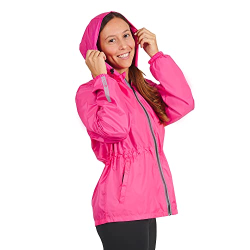 PERLETTI Chubasquero Mujer Cortaviento Ligero con Cremallera - Impermeable Mujer con Capucha Detalles Reflectantes - Chaqueta Trench Deporte Transpirable Waterproof Reutilizable Mujeres (XL, Fucsia)