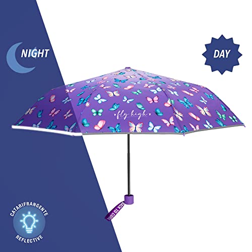 PERLETTI Mini Paraguas Plegable Niña Mariposas Multicolor - Paraguas Compacto Niñas Violeta Detalles Reflectantes - Sombrilla Lluvia Manual Antiviento Resistente - Diámetro 91 cm (Lila con Mariposas)