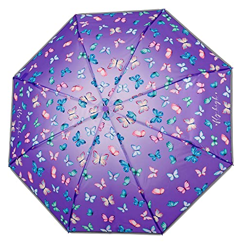 PERLETTI Mini Paraguas Plegable Niña Mariposas Multicolor - Paraguas Compacto Niñas Violeta Detalles Reflectantes - Sombrilla Lluvia Manual Antiviento Resistente - Diámetro 91 cm (Lila con Mariposas)