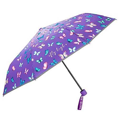 PERLETTI Mini Paraguas Plegable Niña Mariposas Multicolor - Paraguas Compacto Niñas Violeta Detalles Reflectantes - Sombrilla Lluvia Manual Antiviento Resistente - Diámetro 91 cm (Lila con Mariposas)