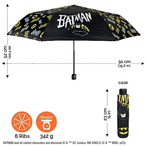 PERLETTI Paraguas Batman Plegable para Niños - Mini Paraguas Compacto Cortaviento Niño Años 7+ Ligero Negro y Amarillo - Paraguas Infantil Resistente Portatil con Apertura Manual - Diámetro 91 cm