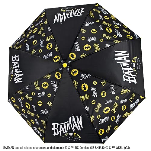 PERLETTI Paraguas Batman Plegable para Niños - Mini Paraguas Compacto Cortaviento Niño Años 7+ Ligero Negro y Amarillo - Paraguas Infantil Resistente Portatil con Apertura Manual - Diámetro 91 cm