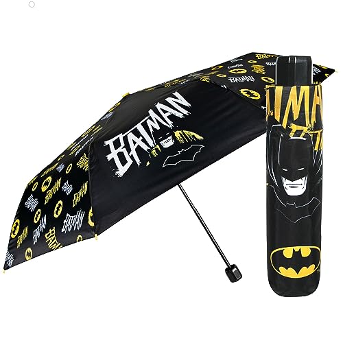 PERLETTI Paraguas Batman Plegable para Niños - Mini Paraguas Compacto Cortaviento Niño Años 7+ Ligero Negro y Amarillo - Paraguas Infantil Resistente Portatil con Apertura Manual - Diámetro 91 cm