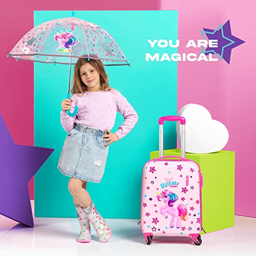 PERLETTI Paraguas Transparente Unicornio Niña con Estrellas – Paraguas Burbuja Azul y Rosa con Detalles Reflectantes – Sombrilla Lluvia con Apertura Manual para Niñas 3/5 Años – Diámetro 64 cm