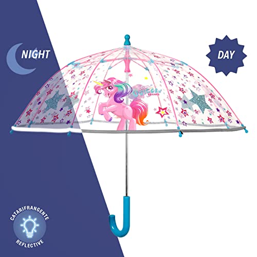 PERLETTI Paraguas Transparente Unicornio Niña con Estrellas – Paraguas Burbuja Azul y Rosa con Detalles Reflectantes – Sombrilla Lluvia con Apertura Manual para Niñas 3/5 Años – Diámetro 64 cm