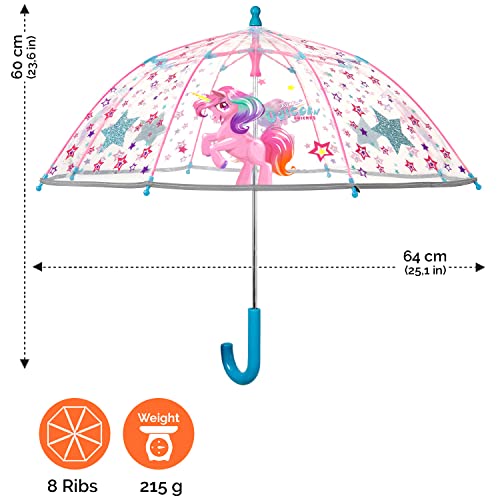 PERLETTI Paraguas Transparente Unicornio Niña con Estrellas – Paraguas Burbuja Azul y Rosa con Detalles Reflectantes – Sombrilla Lluvia con Apertura Manual para Niñas 3/5 Años – Diámetro 64 cm