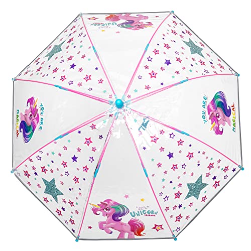 PERLETTI Paraguas Transparente Unicornio Niña con Estrellas – Paraguas Burbuja Azul y Rosa con Detalles Reflectantes – Sombrilla Lluvia con Apertura Manual para Niñas 3/5 Años – Diámetro 64 cm