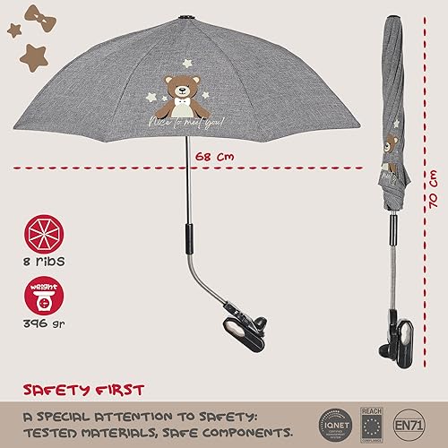 PERLETTI Sombrilla Carro Bebe Universal Anti UV con Osito - Mini Paraguas Cochecito Niño Niña Protección Solar Apertura Manual - Sombrilla Lluvia para Carrito Silla de Paseo - Diámetro 68 cm (Osito)