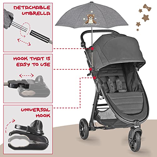 PERLETTI Sombrilla Carro Bebe Universal Anti UV con Osito - Mini Paraguas Cochecito Niño Niña Protección Solar Apertura Manual - Sombrilla Lluvia para Carrito Silla de Paseo - Diámetro 68 cm (Osito)