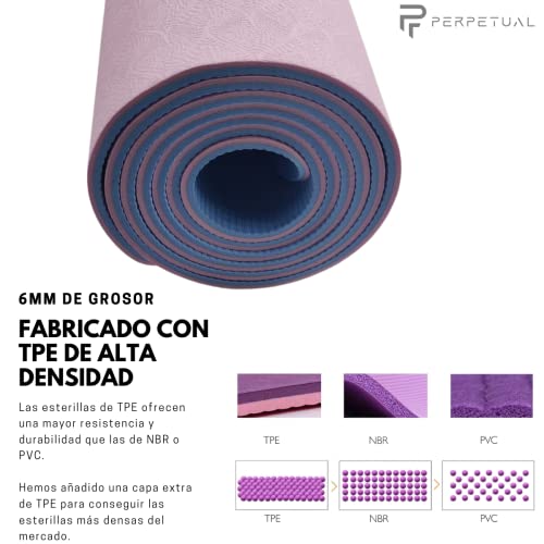 PERPETUAL® Esterilla de Yoga y Pilates de 6mm TPE - Mat Antideslizante - Con Correa y Bolsa de Transporte - Colchoneta Gruesa y Plegable - Hombre/Mujer - Gimnasia, Fitness y Ejercicios Casa