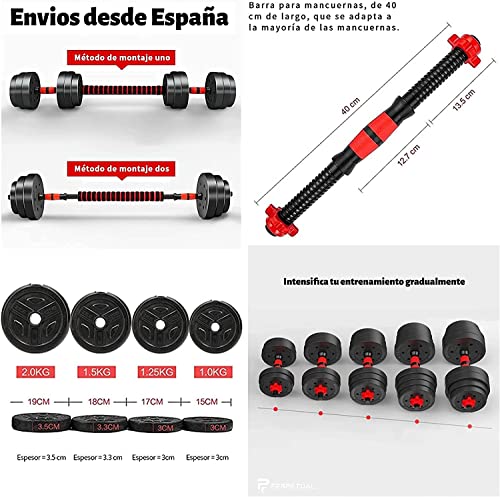 PERPETUAL® Kit de Mancuernas Regulables de 10KG - Juego de Pesas Ajustables para Musculación y Entrenamiento de Fuerza - Barra Conectora - Gimnasio en Casa - Dumbbell Set - Hombre/Mujer