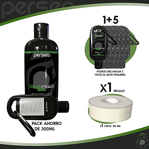 PERSEA Magnesio Líquido para Manos | Pack 250ml + 50ml | Escalada, Crossfit, Gimnasia, Levantamiento, Barra, Pesas, Calistenia, Pole Dance | Liquid Chalk | Cinta Adhesiva para Dedos de Regalo