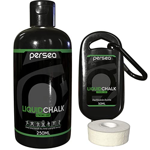 PERSEA Magnesio Líquido para Manos | Pack 250ml + 50ml | Escalada, Crossfit, Gimnasia, Levantamiento, Barra, Pesas, Calistenia, Pole Dance | Liquid Chalk | Cinta Adhesiva para Dedos de Regalo