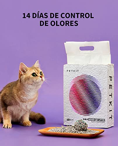 PETKIT Arena Mixta para Gatos 5 en 1, Enjuagable, Sin Olores, con Carbón Activado, Ultra Absorbente y de Secado Rápido(Cuatro Bolsas)