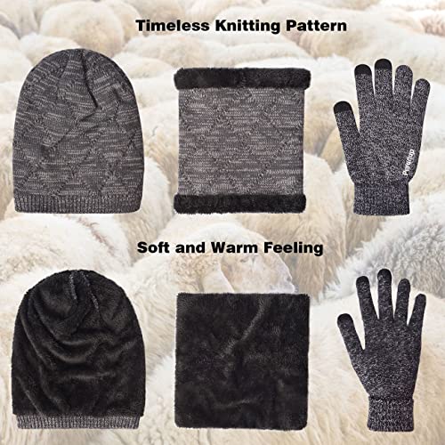 Petrunup Juego Gorro Bufanda y Guantes Hombre de Punto Térmico Cálido, Guantes Gorro y Braga Invierno con Forro Polar para Esquiar Pescar Deportes al Aire Libre, Gris