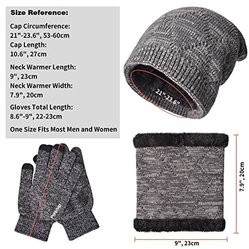 Petrunup Juego Gorro Bufanda y Guantes Hombre de Punto Térmico Cálido, Guantes Gorro y Braga Invierno con Forro Polar para Esquiar Pescar Deportes al Aire Libre, Gris