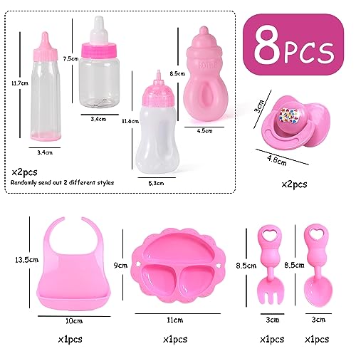 PFLYPF Juego de alimentación para muñecas de bebé de 8 piezas, equipado con 2 biberones, 2 chupetes, baberos, platos, cucharas, tenedores, accesorios para muñecas para niños y niñas