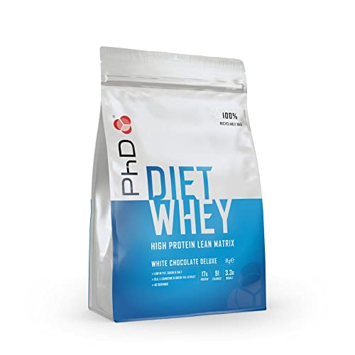 PhD Nutrition Diet Whey Protein, Proteína de suero de leche sabor a Chocolate Blanco Deluxe 17 gr de proteína por porción, 40 porciones, Bolsa de 1 Kg