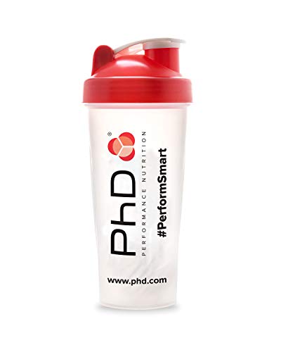 PhD Nutrition Mixball Shaker, Mezclador de proteínas para batidos, Shaker Mixball de alambre, Tapa de rosca roja antigoteo, transparente, 600 ml