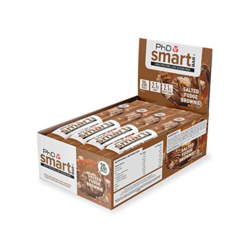 PhD Nutrition Smart Bar, Barras de proteínas bajas en azúcar, Sabor brownie de caramelo salteado, 21 gr proteína, Barras de 64 gr, paquete de 12