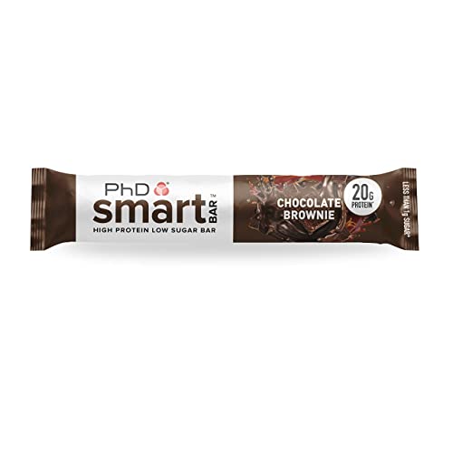 PhD Nutrition Smart Bar, Barras de proteínas bajas en azúcar, Sabor brownie de chocolate, 20 gr proteína por porción, Barra de 64 gr, paquete de 12