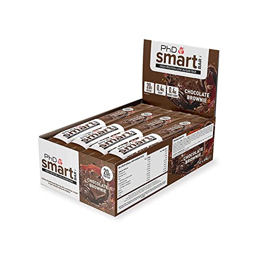 PhD Nutrition Smart Bar, Barras de proteínas bajas en azúcar, Sabor brownie de chocolate, 20 gr proteína por porción, Barra de 64 gr, paquete de 12