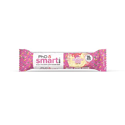 PhD Smart Bars, Pack de Barritas Altas en Proteínas Bajas en Carbohidratos con Delicioso Sabor Pastel de Cumpleaños (Caja de 12 x 64g)