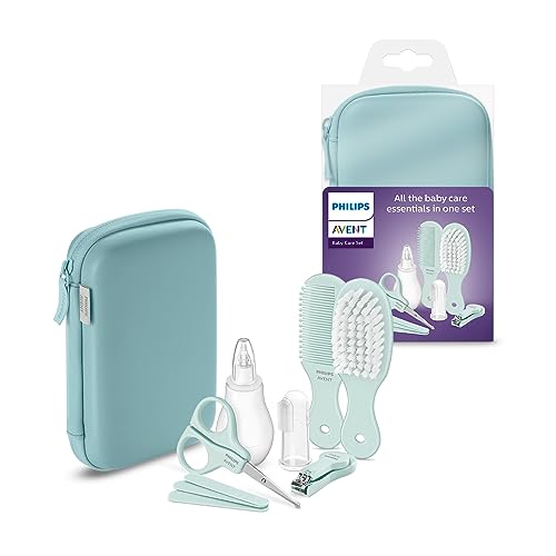 Philips Avent Baby Care Set: Kit básico para el cuidado del beb con 9 accesorios; cortaúñas, tijeras, 3 limas de uñas, peine, cepillo, aspirador nasal y cepillo dental dedal (modelo SCH401/00)