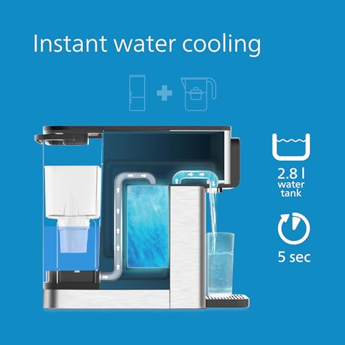 Philips Water Dispensador de Agua Todo en uno, Filtro de Agua Caliente y fría, Capacidad de 2,8 litros, 6 ajustes preestablecidos de Temperatura Pantalla táctil Plateado/Negro