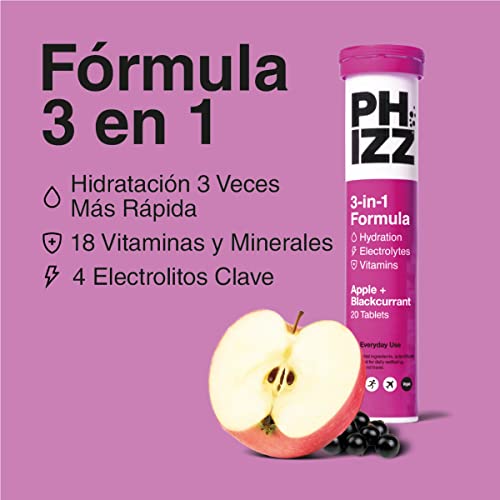 Phizz Electrolitos, Multivitamínico e Hidratación Efervescente 60 Comprimidos - 18 Vitaminas y Minerales, Vitamina C, Vegetariano y Bajo en Calorías (Manzana y Grosella Negra)