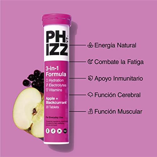 Phizz Electrolitos, Multivitamínico e Hidratación Efervescente 60 Comprimidos - 18 Vitaminas y Minerales, Vitamina C, Vegetariano y Bajo en Calorías (Manzana y Grosella Negra)