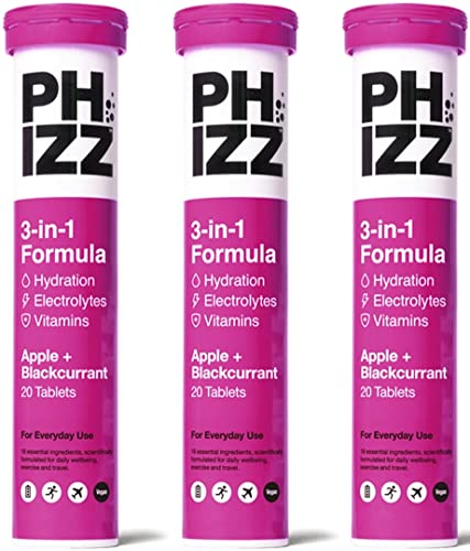 Phizz Electrolitos, Multivitamínico e Hidratación Efervescente 60 Comprimidos - 18 Vitaminas y Minerales, Vitamina C, Vegetariano y Bajo en Calorías (Manzana y Grosella Negra)